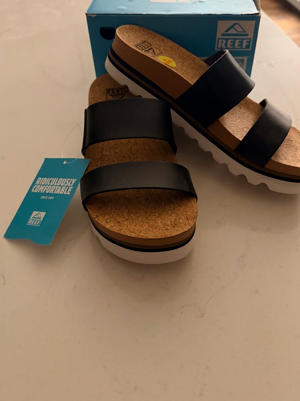Reef Black Double-Strap Cork Platform Sandals
